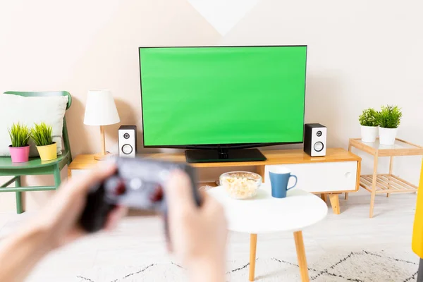 Close Asiático Jovem Gamer Menino Sentado Sofá Segurando Controle Sem — Fotografia de Stock