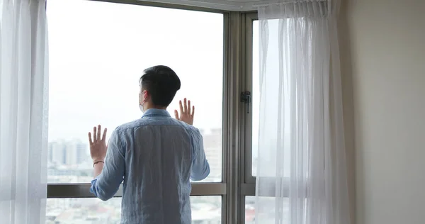 Back View Asian Young Man Wearing Face Mask Stay Isolation — Stock Photo, Image