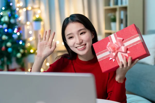 Asian Young Woman Having Video Chat Laptop Computer Gift Box — Stock Photo, Image