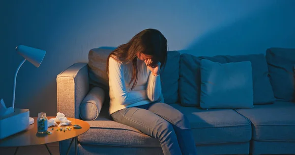 Asian Girl Feel Depressed Sit Sofa Hopeless Home — Stock Photo, Image