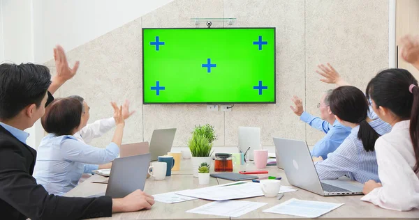 Group Executives Managers Meeting Room Have Conference Video Call Green — Stock Photo, Image