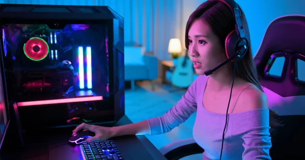 Young Asian Pro Gamer Girl Playing Online Video Game Rgb — Stock Photo, Image