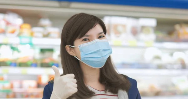 Close Smile Asian Homemaker Wearing Face Mask Gloves Shows Thumbs — Stok Foto