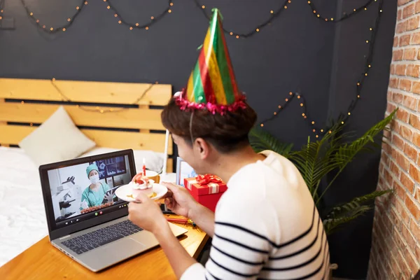 Back View Asian Young Man Has Video Chat Online Laptop — Stock Photo, Image