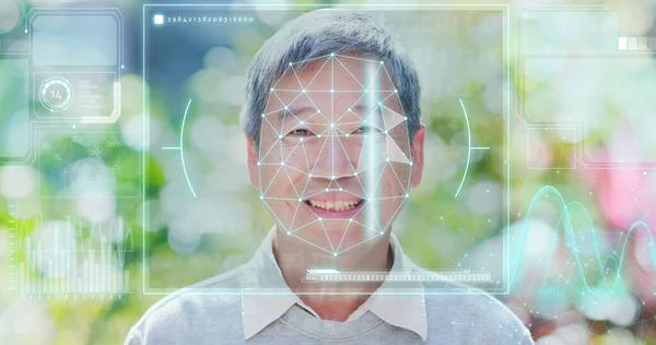 Facial Recognition System Concept Φουτουριστική Και Τεχνολογική Σάρωση Του Ασιατικού — Φωτογραφία Αρχείου