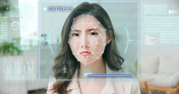 Emoción Detectada Por Inteligencia Artificial Concepto Del Sistema Joven Mujer — Foto de Stock