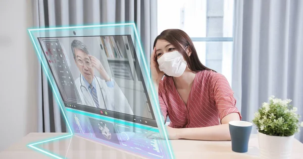 Telelääketieteen Käsite Lähitulevaisuudessa Aasialainen Naispotilas Ottaa Yhteyttä Hänen Terveydentilansa Lääkäriin — kuvapankkivalokuva