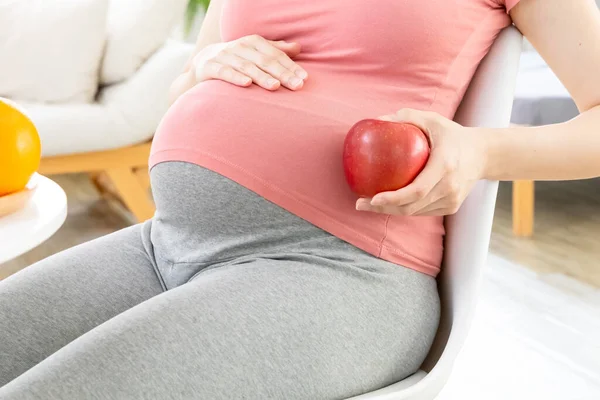 Proper Nutrition Concept Close Asian Pregnant Woman Sitting Chair Holding — Stock Photo, Image
