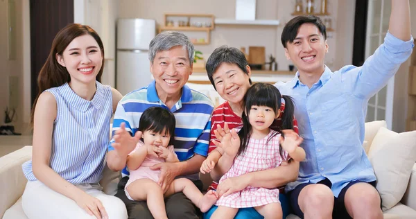 Asian Family Have Video Chat Computer Happily Home — Stock Photo, Image