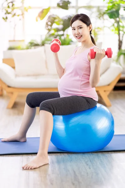 Side View Asian Young Pregnant Woman Doing Exercise Pilates Ball — Stock Photo, Image