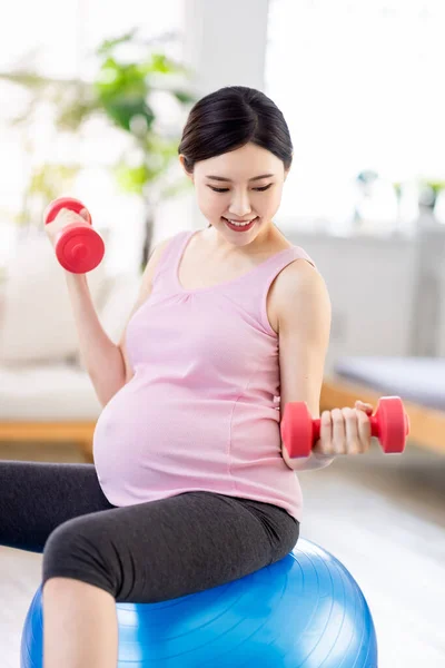Close Asian Young Pregnant Woman Doing Exercise Pilates Ball Dumbbells — Stock Photo, Image
