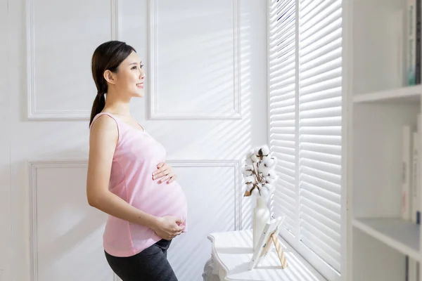 Beautiful Asian Pregnant Woman Standing Shutters Windows Look Out Home — Stock fotografie