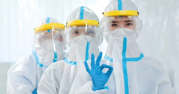 Health Workers Look You Gesture Wear Isolation Gown Protective Suits — Stok fotoğraf