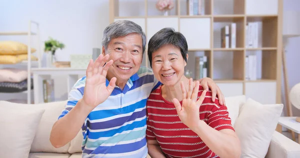 高齢者のアジアのカップルは喜んで自宅でウェブカメラとビデオチャットを持っています — ストック写真
