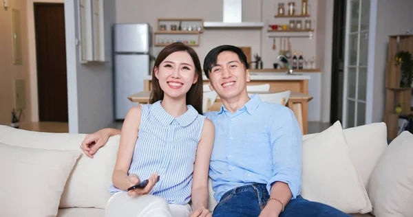 Asian Young Couple Watching Sitting Sofa Living Room Home — Stock Photo, Image