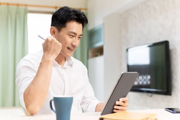 Telework Concept Asian Man Join Video Meeting Digital Tablet Home — Stok fotoğraf