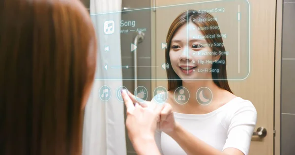 Asian Woman Looking Touching Smart Mirror Screen Bathroom While Waking — Stock fotografie