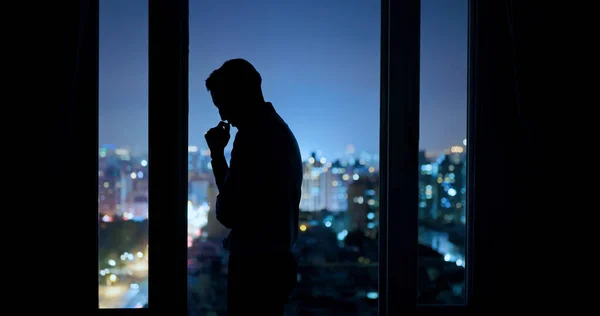 Worried Asian Young Businessman Standing Windows While Working Overtime Office — Stock Photo, Image