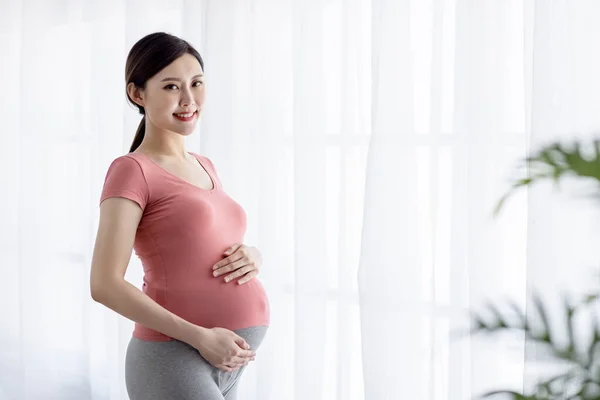 Vista Lateral Hermosa Mujer Embarazada Asiática Pie Cerca Ventana Sonreír — Foto de Stock