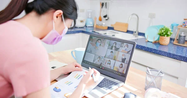 Concetto Telelavoro Vista Posteriore Donna Affari Asiatica Che Indossa Maschera — Foto Stock