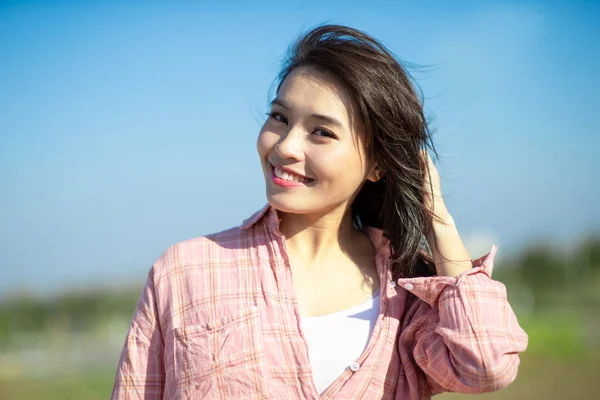 Asian Beauty Woman Smile You Blue Sky Outdoor — Stock Photo, Image