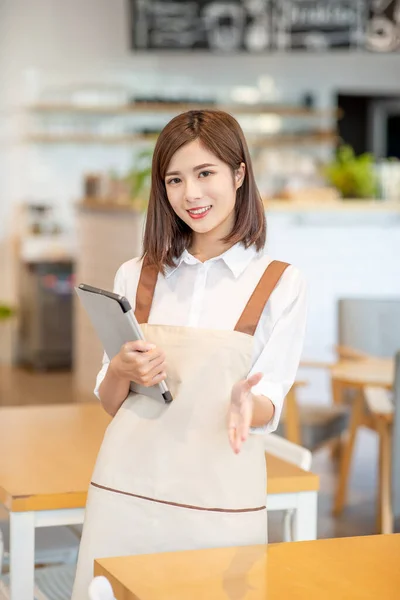 Young Asian Shopkeeper Smile You Hold Menu Her Restaurant —  Fotos de Stock