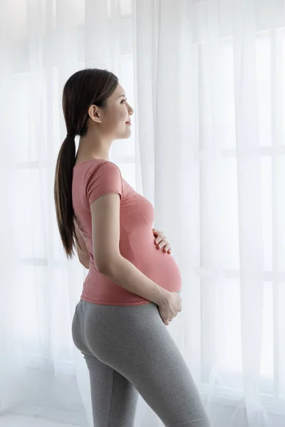 Zijaanzicht Van Mooie Aziatische Zwangere Vrouw Staan Buurt Van Raam — Stockfoto