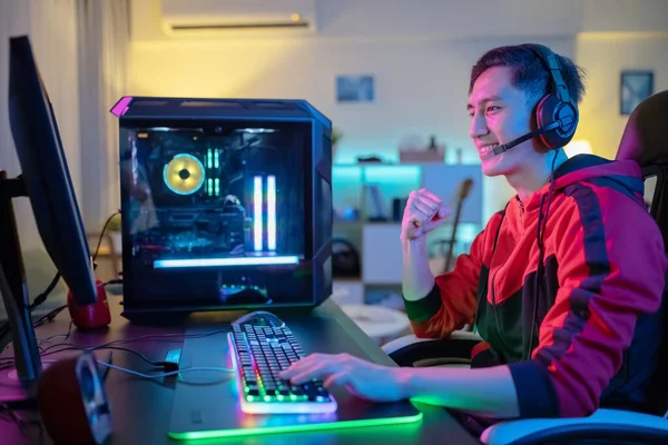 Close Young Asian Handsome Pro Gamer Feeling Excited Raising His — Stock Photo, Image