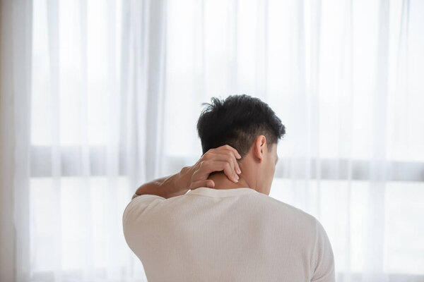 Back View Asian Man Has Neck Shoulder Pain Wake Morning Royalty Free Stock Images
