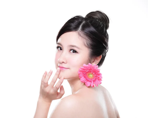 Young woman smile face with flower — Stock Photo, Image