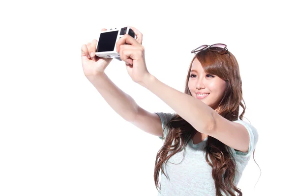 Udanej podróży młoda dziewczyna selfie — Zdjęcie stockowe