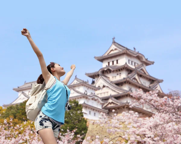 Happy travel woman with sakura tree — Stock Photo, Image
