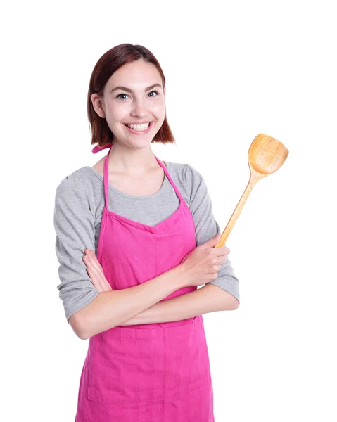 Gelukkig jonge huisvrouw koken — Stockfoto