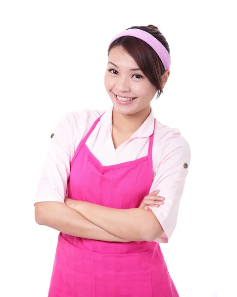 Vrouw die zich voordeed keuken schort dragen — Stockfoto