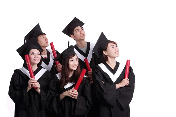 Estudantes felizes olhando para cima — Fotografia de Stock