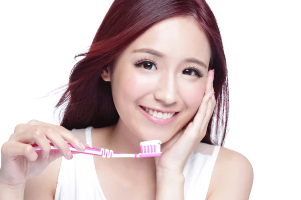 Smile woman brush teeth — Stock Photo, Image