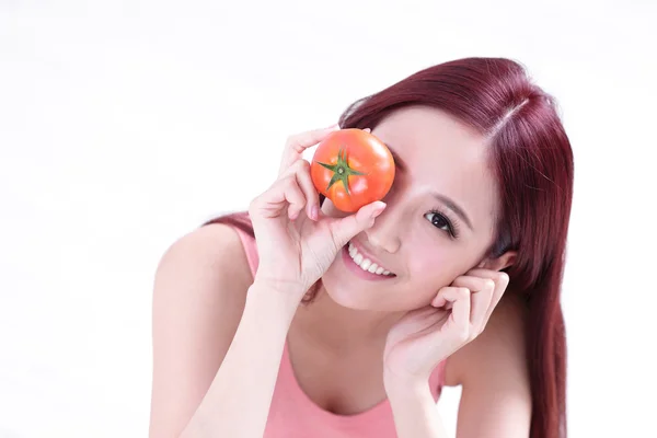 Health girl show tomato — Stock Photo, Image