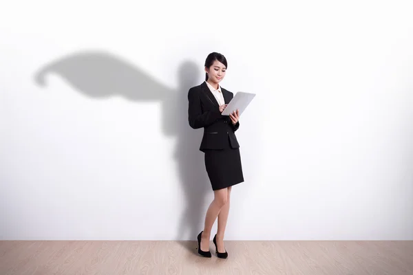 Superhero Business Woman with tablet — Stock Photo, Image