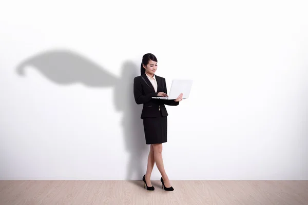 Superhero Business Woman with computer — Stock Photo, Image