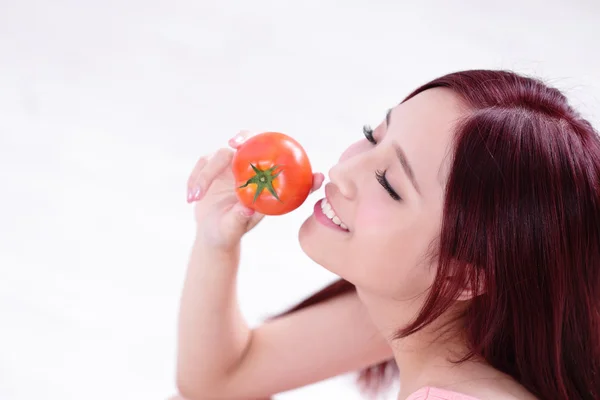 Health girl show tomato — Stock Photo, Image
