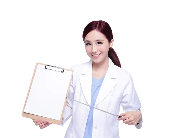 Woman with stethoscope holding clipboard — Stock Photo, Image