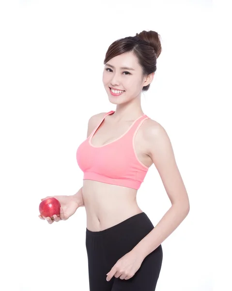 Happy woman holding apple — Stockfoto