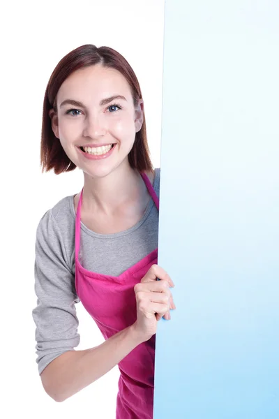 Housewife showing empty billboard — Stock Photo, Image