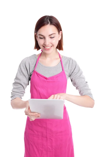 Huisvrouw met behulp van digitale tablet — Stockfoto