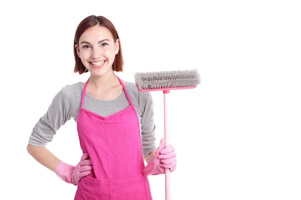 Счастливая уборщица домохозяйка — стоковое фото