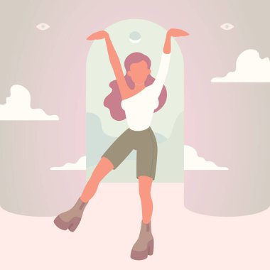 Şortlu ve tek omuzlu dansçı kız. Basit bir psikedelik geçmişi var. Kartpostal, el ilanı, afiş, poster, karakter tasarımı için vektör illüstrasyonu