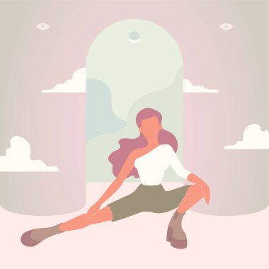 Şortlu ve tek omuzlu dansçı kız. Basit bir psikedelik geçmişi var. Kartpostal, el ilanı, afiş, poster, karakter tasarımı için vektör illüstrasyonu