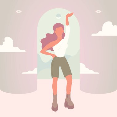 Şortlu ve tek omuzlu dansçı kız. Basit bir psikedelik geçmişi var. Kartpostal, el ilanı, afiş, poster, karakter tasarımı için vektör illüstrasyonu