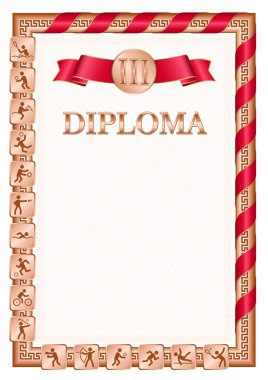 Spor müsabakalarında üçüncülük için dikey diploma, Türkiye bayrağı renginde bir kurdele ile bronz renk. Vektör resmi.
