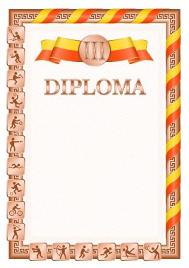 Spor müsabakalarında üçüncülük için dikey diploma, Bhutan bayrağı renginde bir kurdele ile bronz renk. Vektör resmi.